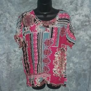 Angela Plus Dark Pink & Blue Print Top - 1X
